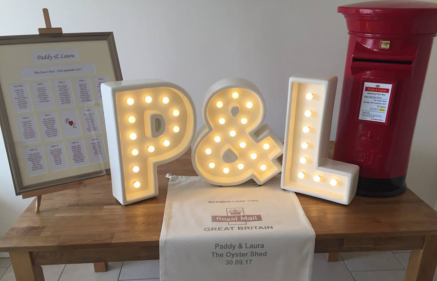 Package deals of wedding post box, illuminated letters, table seating plan and personalised post bags available