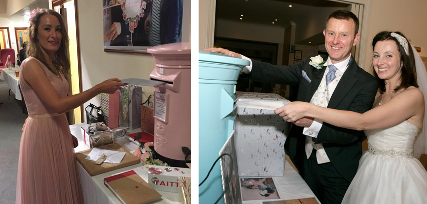 Pastel coloured pale pink and pale blue wedding post box hire